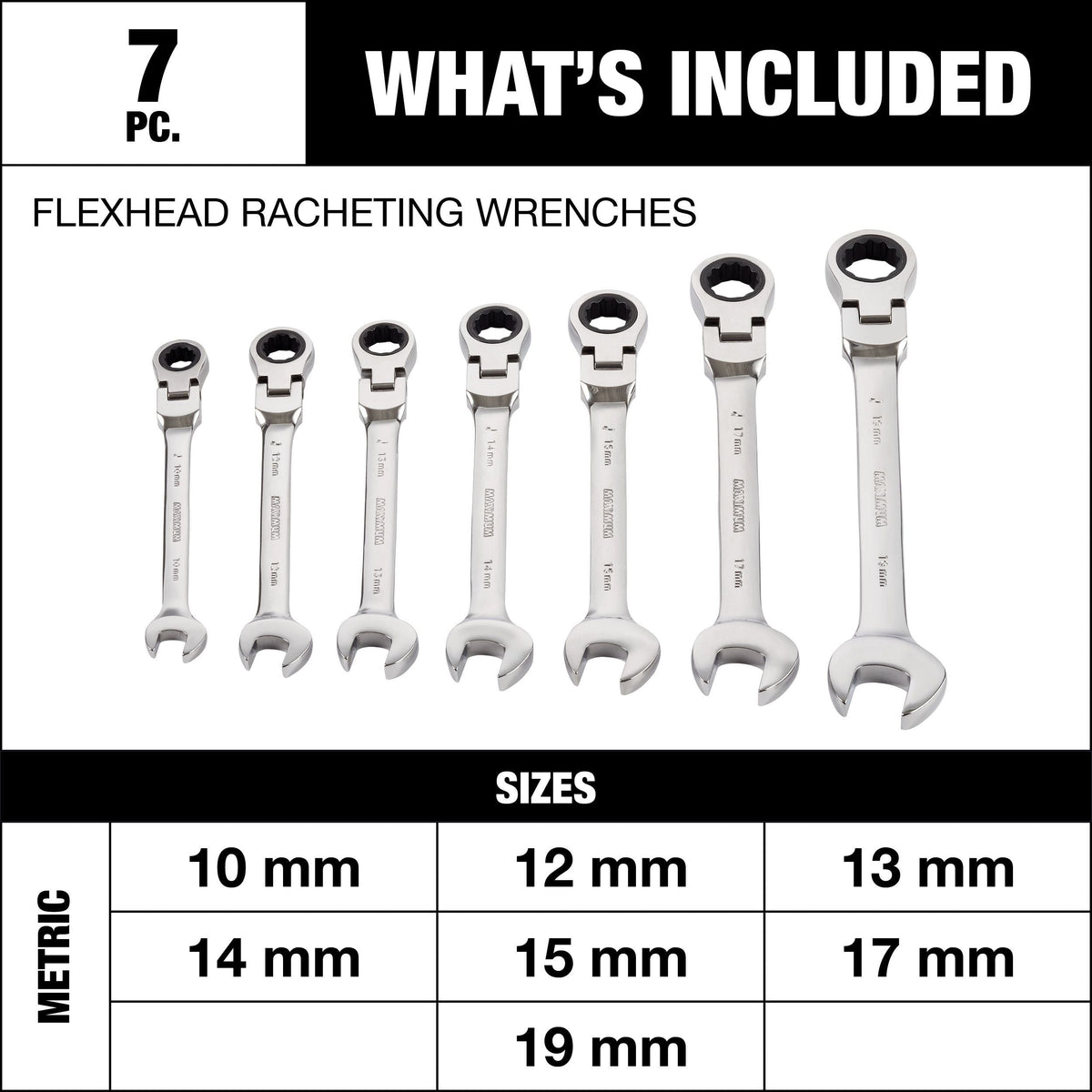 MAXIMUM Flexhead Ratcheting Wrench Set, Alloy Steel, Metric, 7-pc