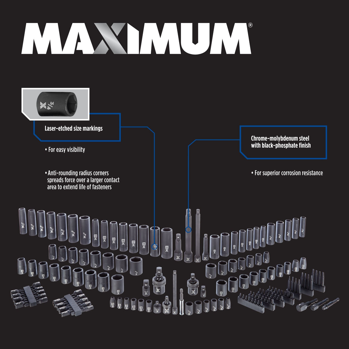 MAXIMUM Professional Grade Impact Socket Set, 150-pc, SAE / Metric, CRMO