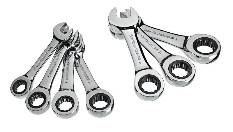 MAXIMUM Stubby Ratcheting Wrench Set, Metric, Nickel-Chrome Plating, 7-pc D9150
