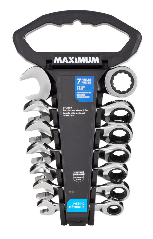 MAXIMUM Stubby Ratcheting Wrench Set, Metric, Nickel-Chrome Plating, 7-pc