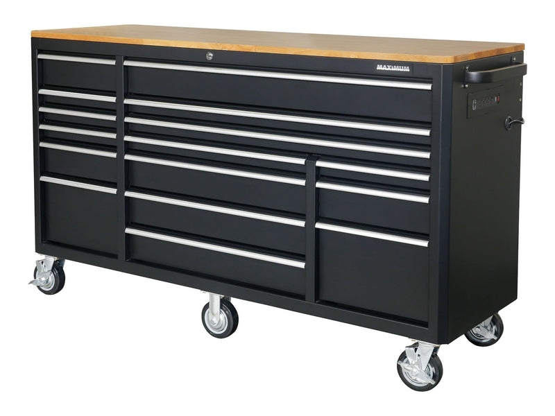MAXIMUM Tool Cabinet with Wood Top and 4-Outlet Power Strip, Black, 74x24-in X1472