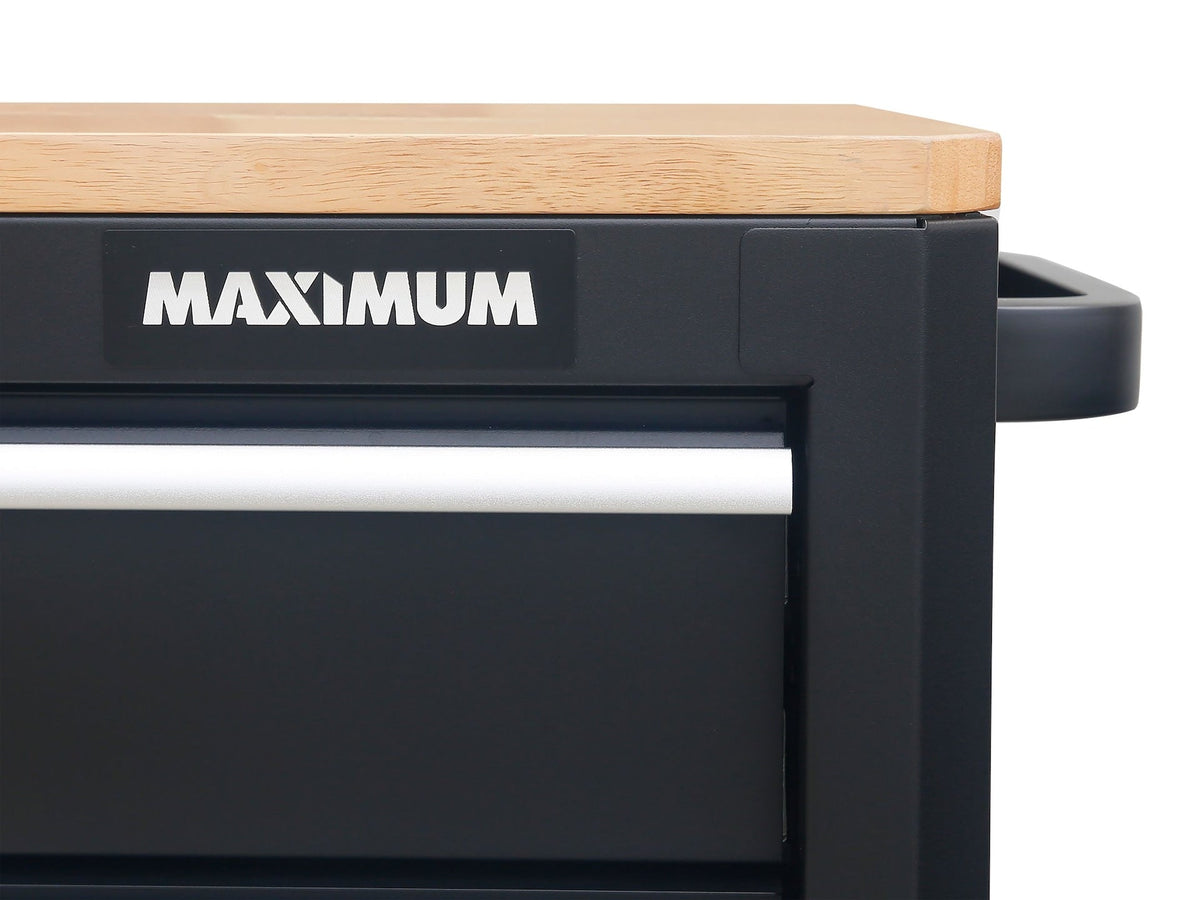 MAXIMUM Tool Cabinet with Wood Top and 4-Outlet Power Strip, Black, 74x24-in