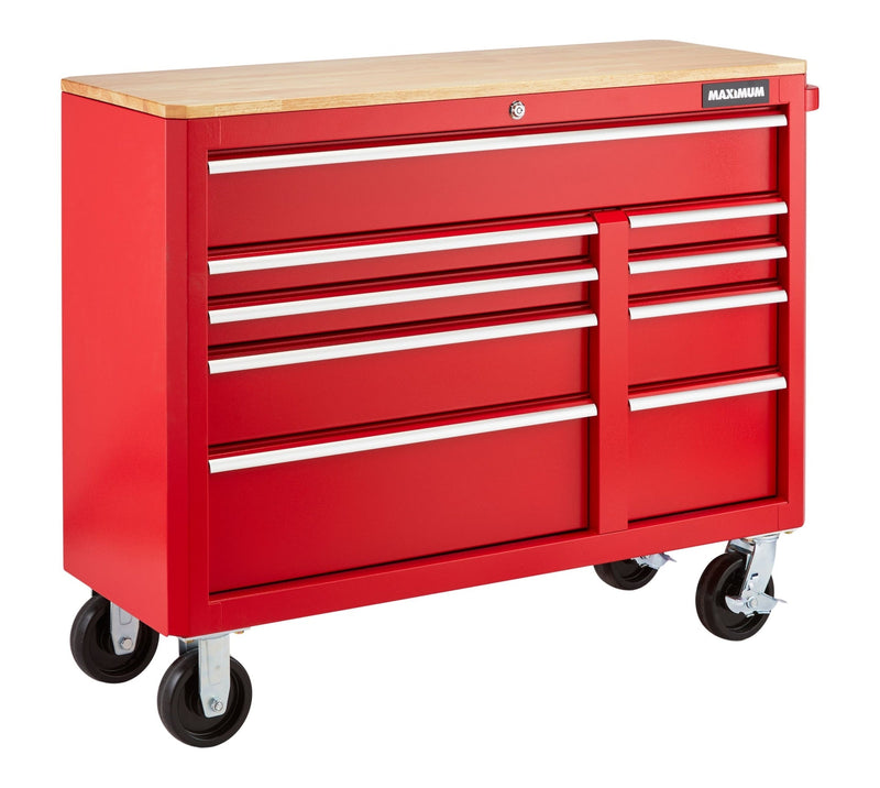 MAXIMUM Tool Storage Cabinet, Built-In Power Bar with USB, 9-Drawer, 47-in, Red P9402