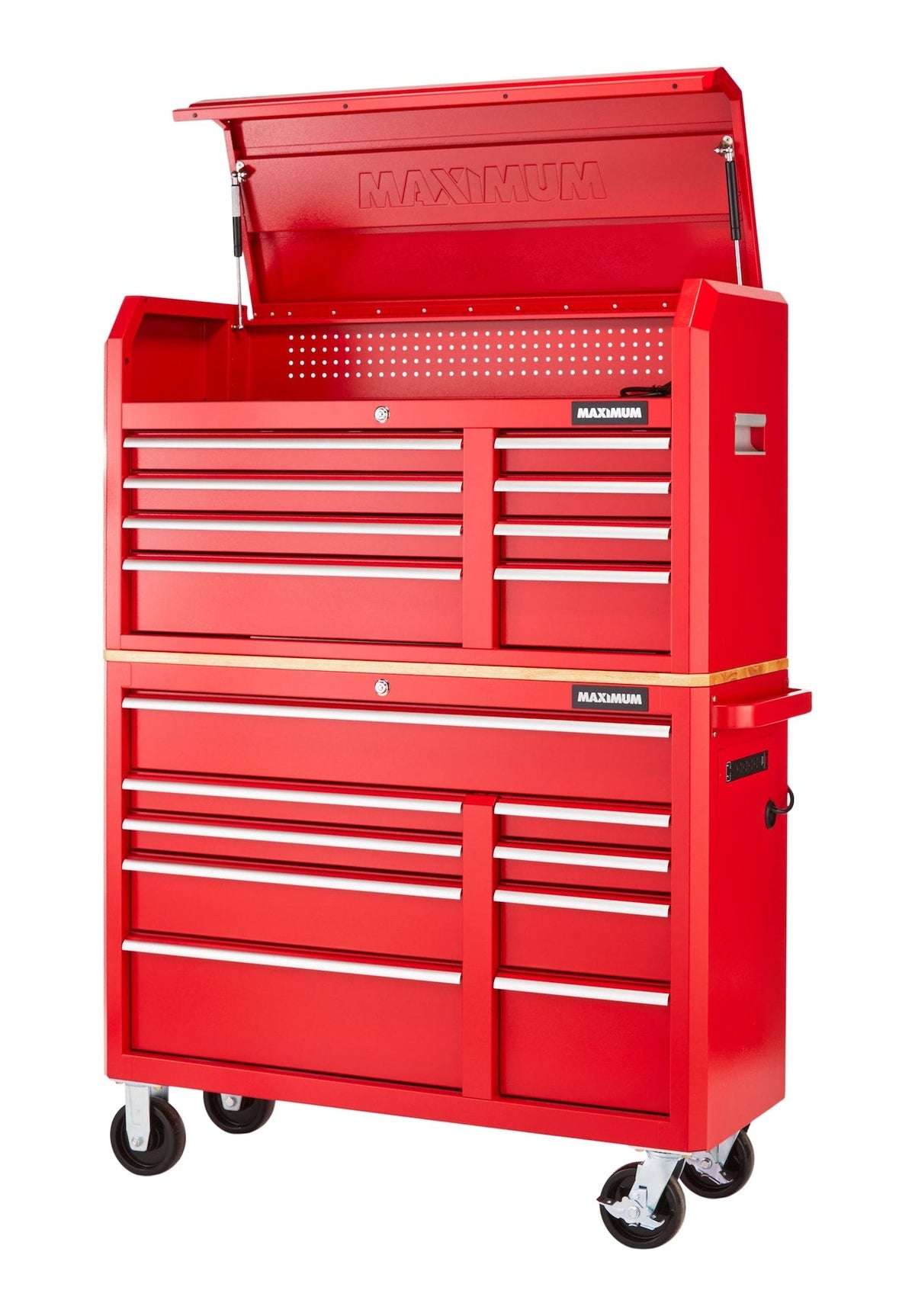 MAXIMUM Tool Storage Cabinet, Built-In Power Bar with USB, 9-Drawer, 47-in, Red