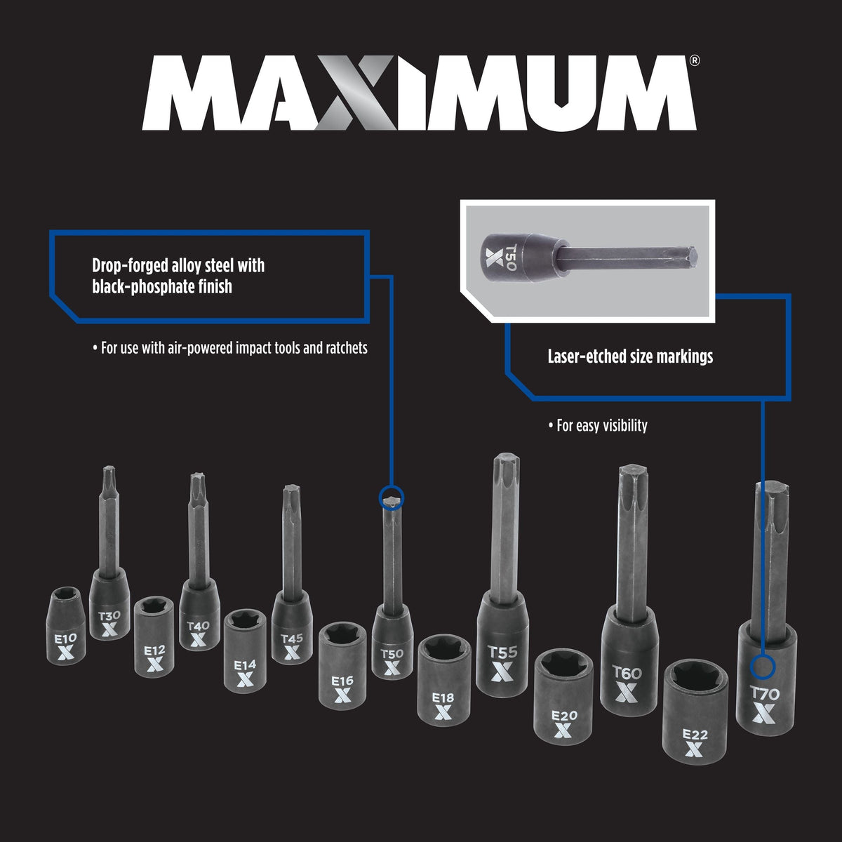 MAXIMUM Star-drive & E-Star-drive Impact Bit Socket Set, 14-pc, SAE/Metric