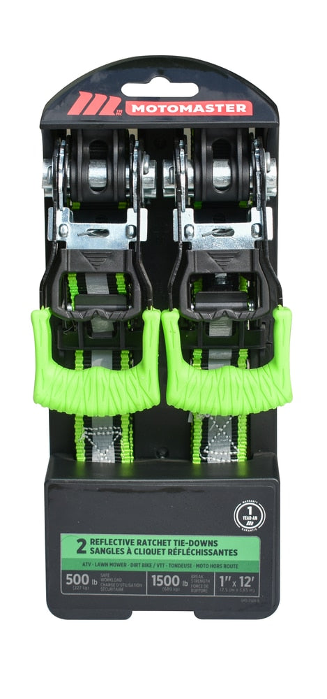 1,500-lb Reflective Ratchet Tie-Down Strap with Padded D-Handle, 1-in x 12-ft, 2-pk