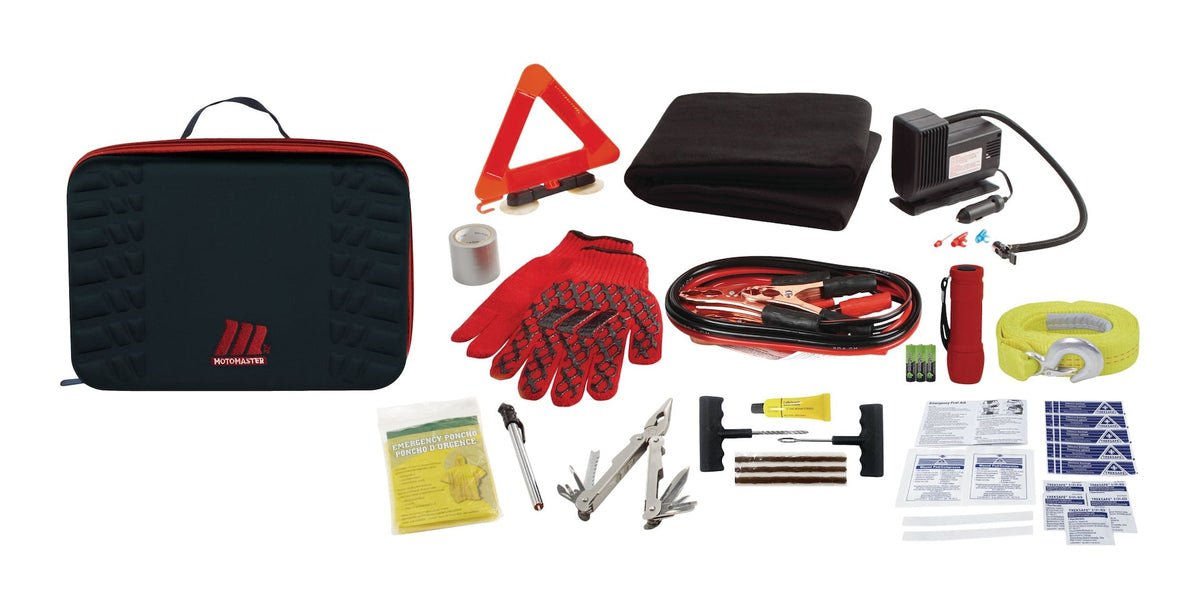 Premium Auto Safety Kit with Booster Cables, Air Compressor and Tow Strap