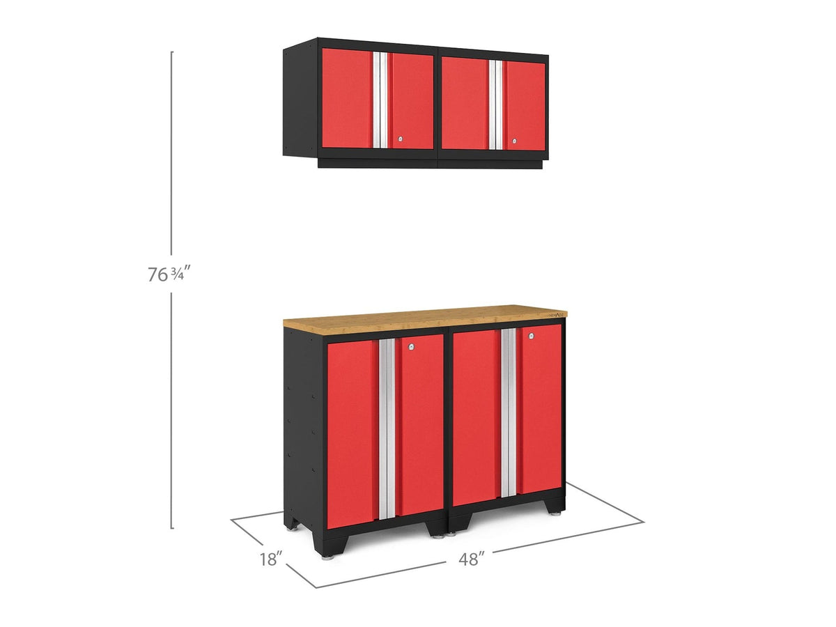 Bold 3.0 Series All-in-One Lockable Steel Garage Cabinetry Set with Bamboo Top, Black/Red, 48-in x 18-in x 76.75-in, 5-pc