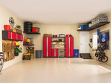 Bold 3.0 Series All-in-One Lockable Steel Garage Cabinetry Set with Bamboo Top, Black/Red, 48-in x 18-in x 76.75-in, 5-pc
