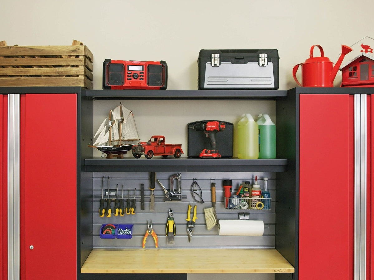 Bold 3.0 Series All-in-One Lockable Steel Garage Cabinetry Set with Bamboo Top, Black/Red, 48-in x 18-in x 76.75-in, 5-pc