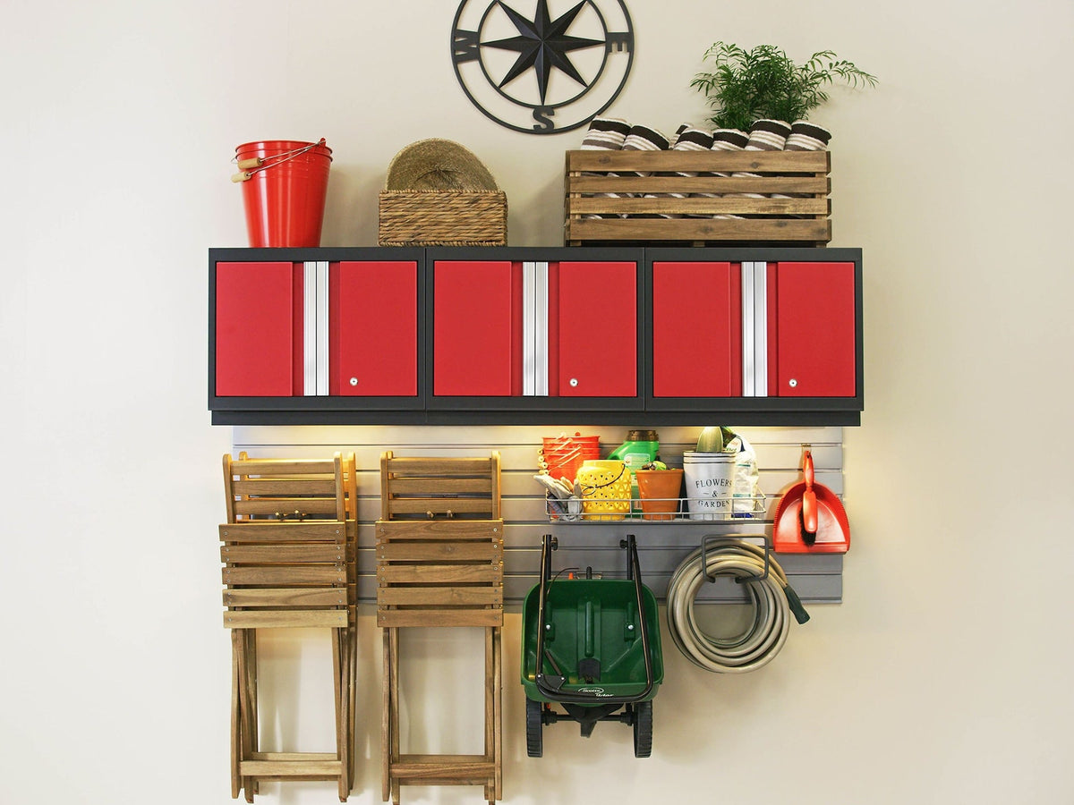 Bold 3.0 Series All-in-One Lockable Steel Garage Cabinetry Set with Bamboo Top, Black/Red, 48-in x 18-in x 76.75-in, 5-pc