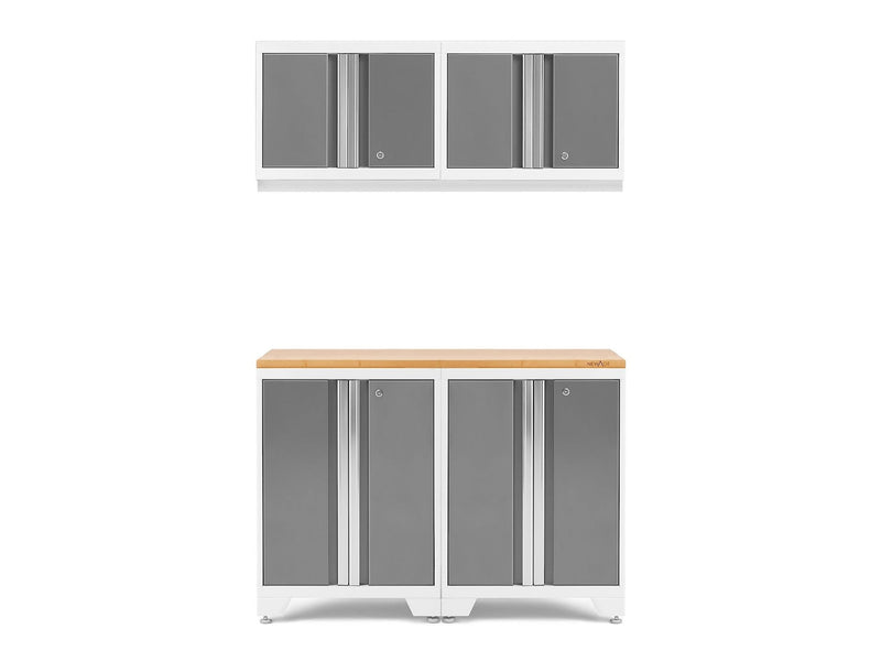 Bold 3.0 Series All-in-One Lockable Steel Garage Cabinetry Set with Bamboo Top, White/Platinum, 48-in x 18-in x 76.75-in, 5-pc E3224