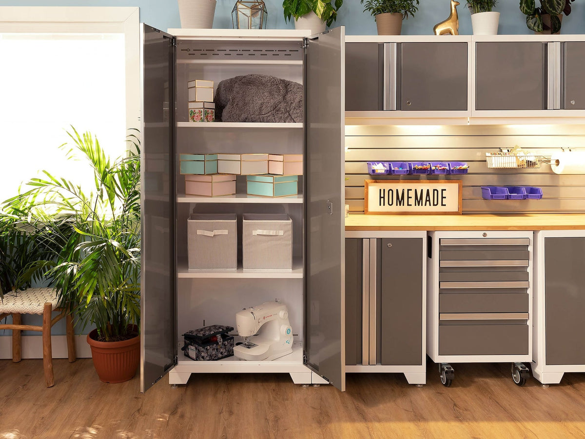 Bold 3.0 Series All-in-One Lockable Steel Garage Cabinetry Set with Bamboo Top, White/Platinum, 48-in x 18-in x 76.75-in, 5-pc