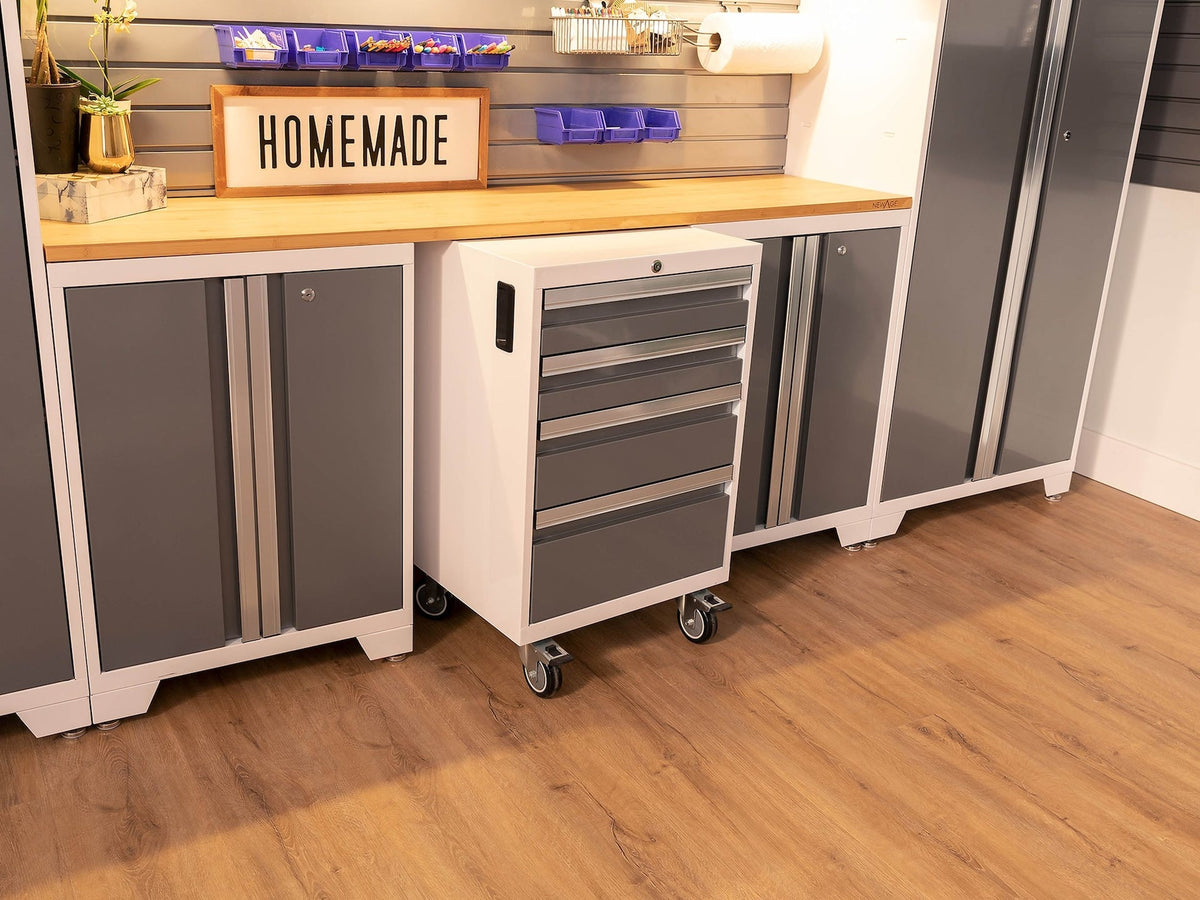 Bold 3.0 Series All-in-One Lockable Steel Garage Cabinetry Set with Bamboo Top, White/Platinum, 48-in x 18-in x 76.75-in, 5-pc