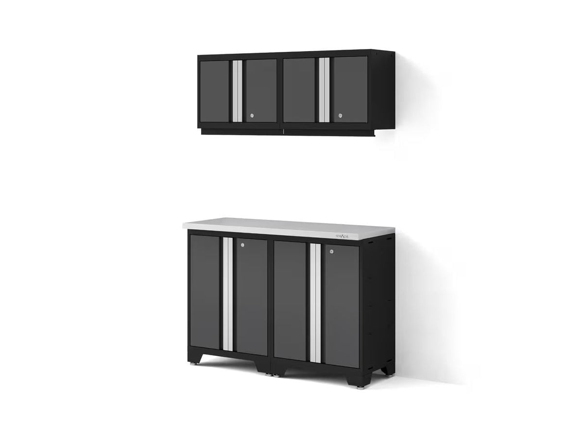 Bold 3.0 Series All-in-One Lockable Steel Garage Cabinetry Set with Stainless Steel Top, Black/Grey, 48-in x 18-in x 76.75-in, 5-pc