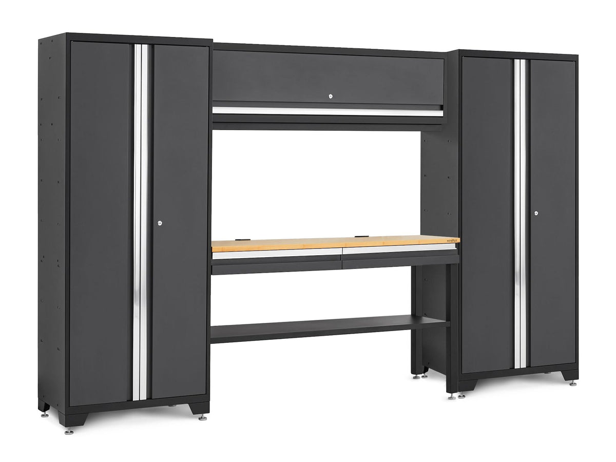 Bold 3.0 Series Lockable Steel Garage Cabinetry Set with Bamboo Top, Grey, 120-in x 18-in x 72-in, 5-pc