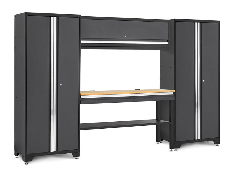 Bold 3.0 Series Lockable Steel Garage Cabinetry Set with Bamboo Top, Grey, 120-in x 18-in x 72-in, 5-pc P9626