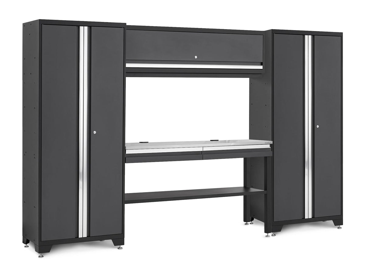 Bold 3.0 Series Lockable Steel Garage Cabinetry Set with Stainless Steel Top, Grey, 120-in x 18-in x 72-in, 5-pc