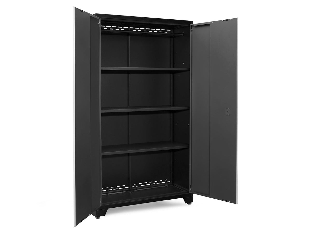 Bold Series Lockable 24-Gauge Steel RTA Storage Locker with 3 Shelves, Grey/Black, 48-in