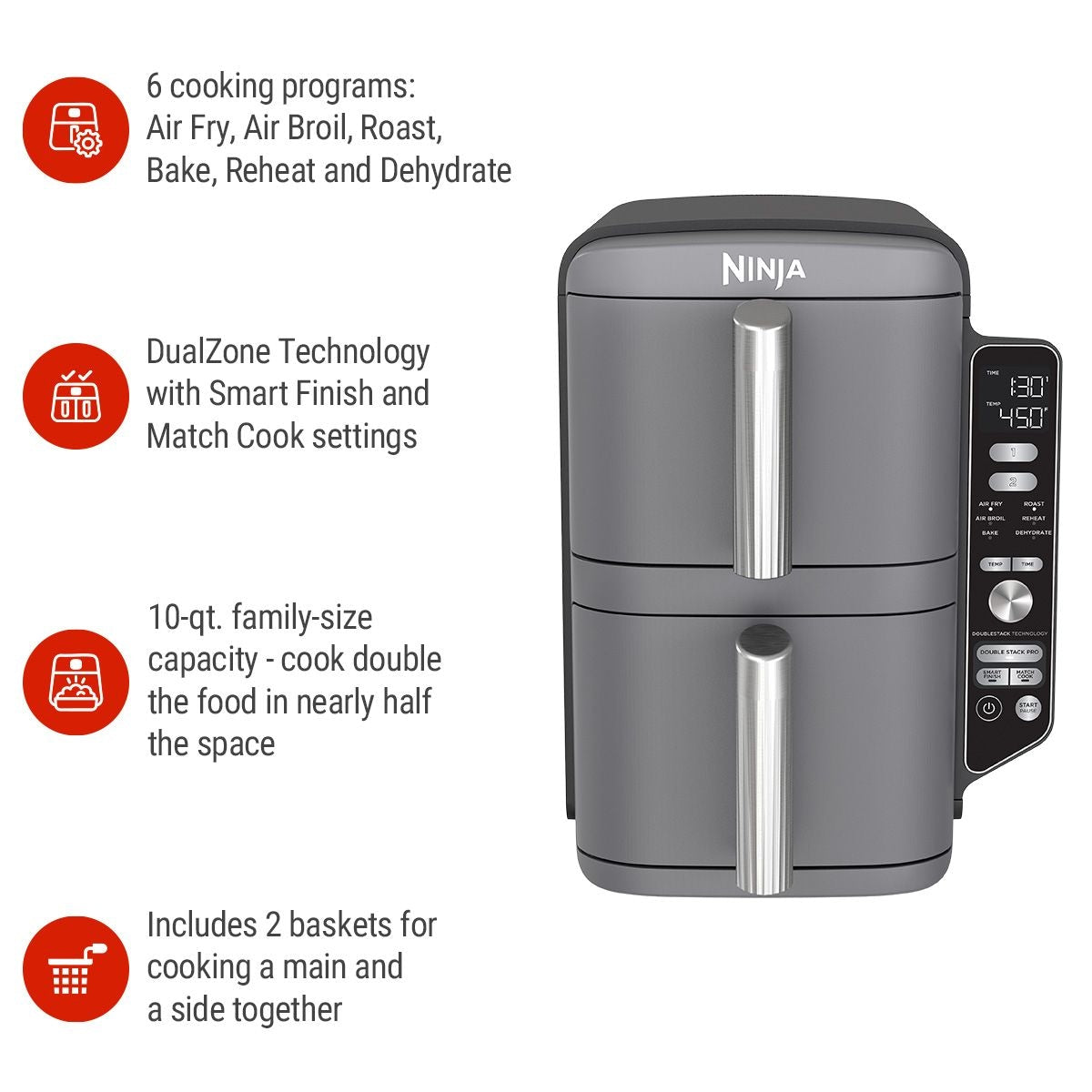 Ninja XL Multi-Rack Air Fryer with 2 Baskets & 6 Functions, 10-qt