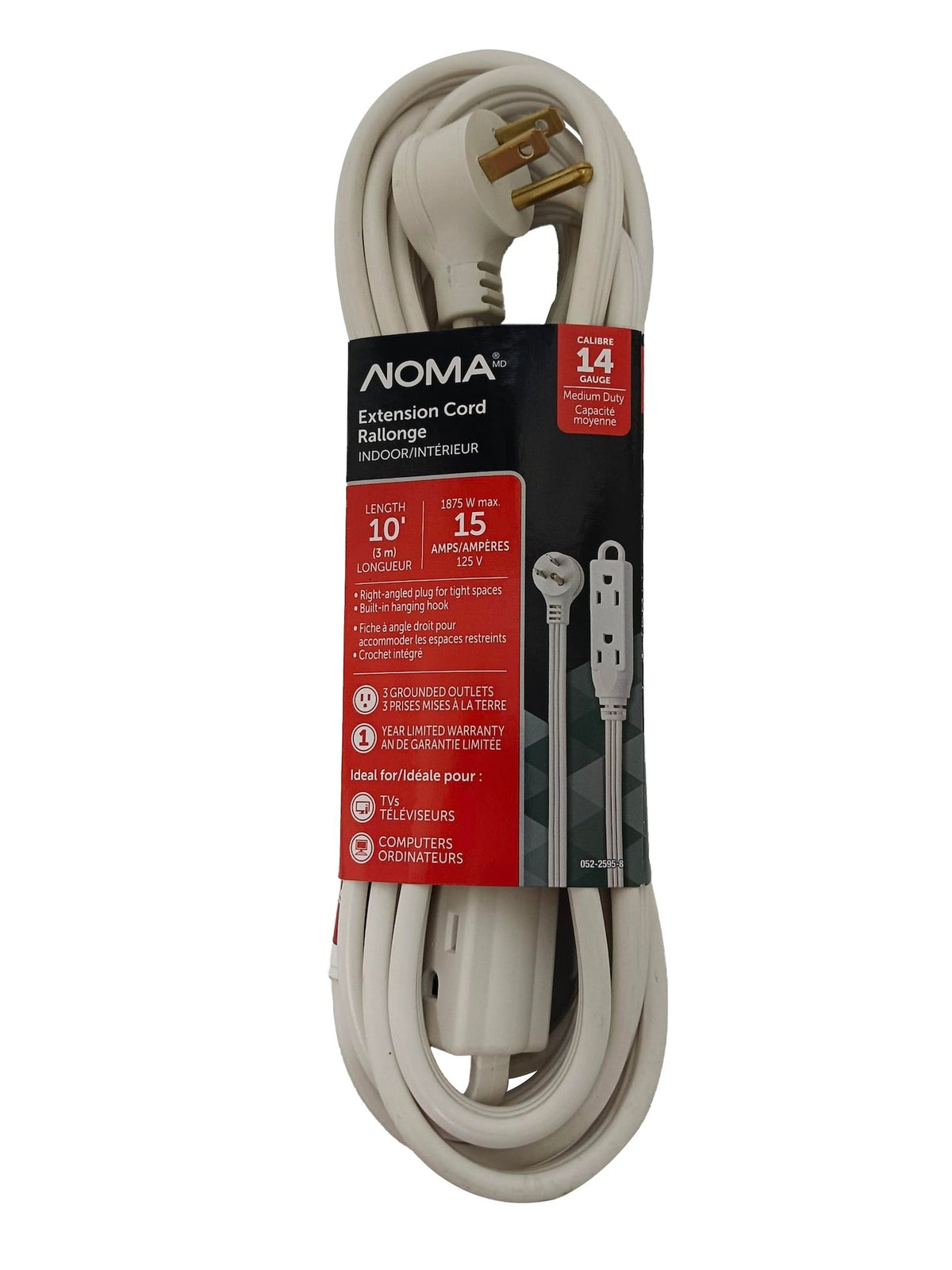 14/3 Indoor Extension Cord with Right Angle Plug, 3 Grounded Outlets, White