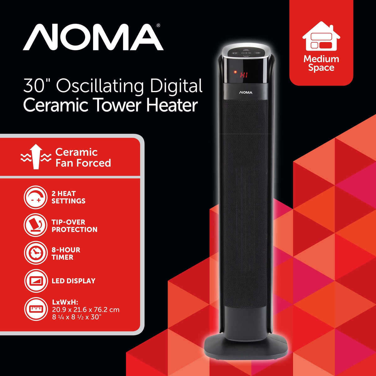 Oscillating Tower Ceramic Heater withRemote Control & Thermostat, 1500W, Black, 30-in