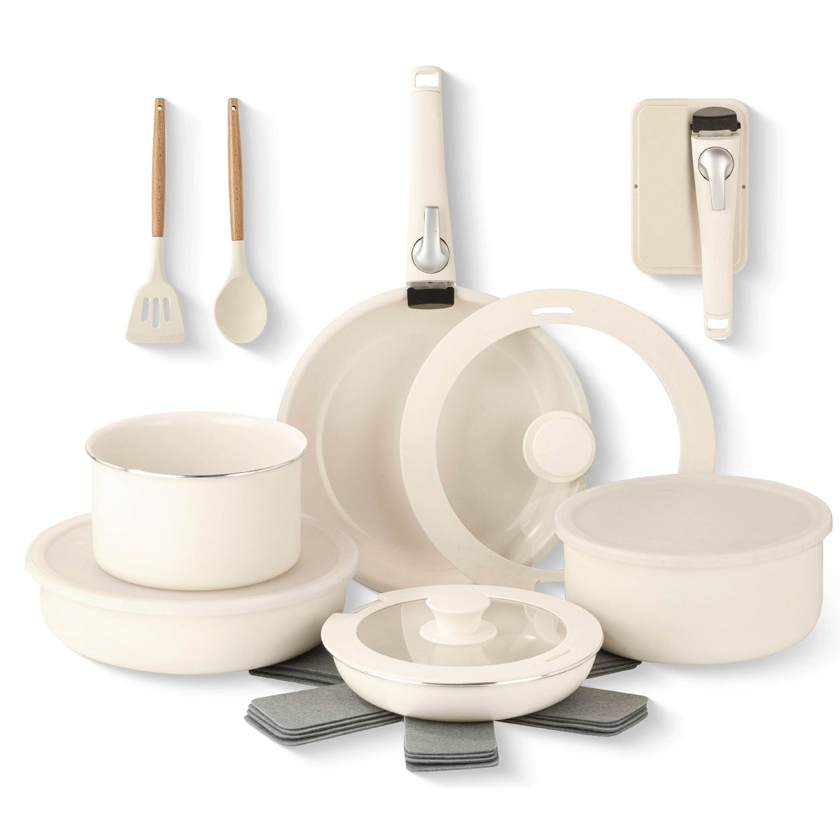 OB Pots & Pan Set with Removable Handles, Cream, 18-pc