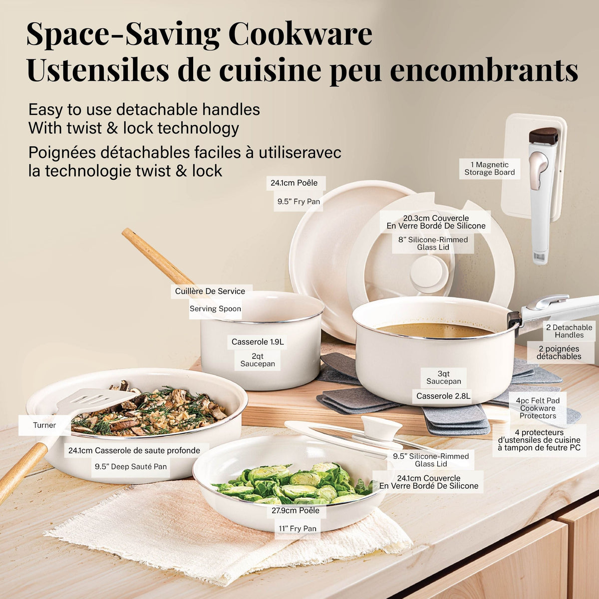 OB Pots & Pan Set with Removable Handles, Cream, 18-pc