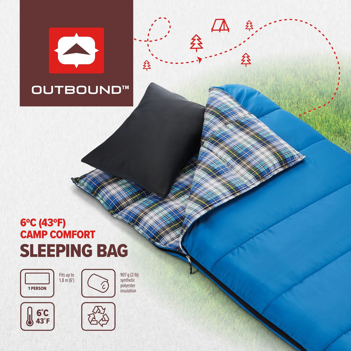 Outbound Comfort 5°C Insulated Cotton Lined Mild Weather Sleeping Bag with Compression Sack, Blue