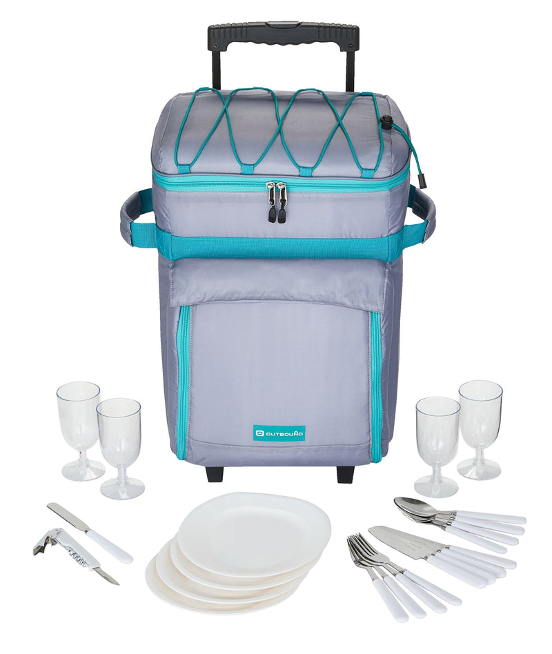Wheeled Picnic Cooler with 21-Piece Cutlery/Plate Set, 18-Can J9485