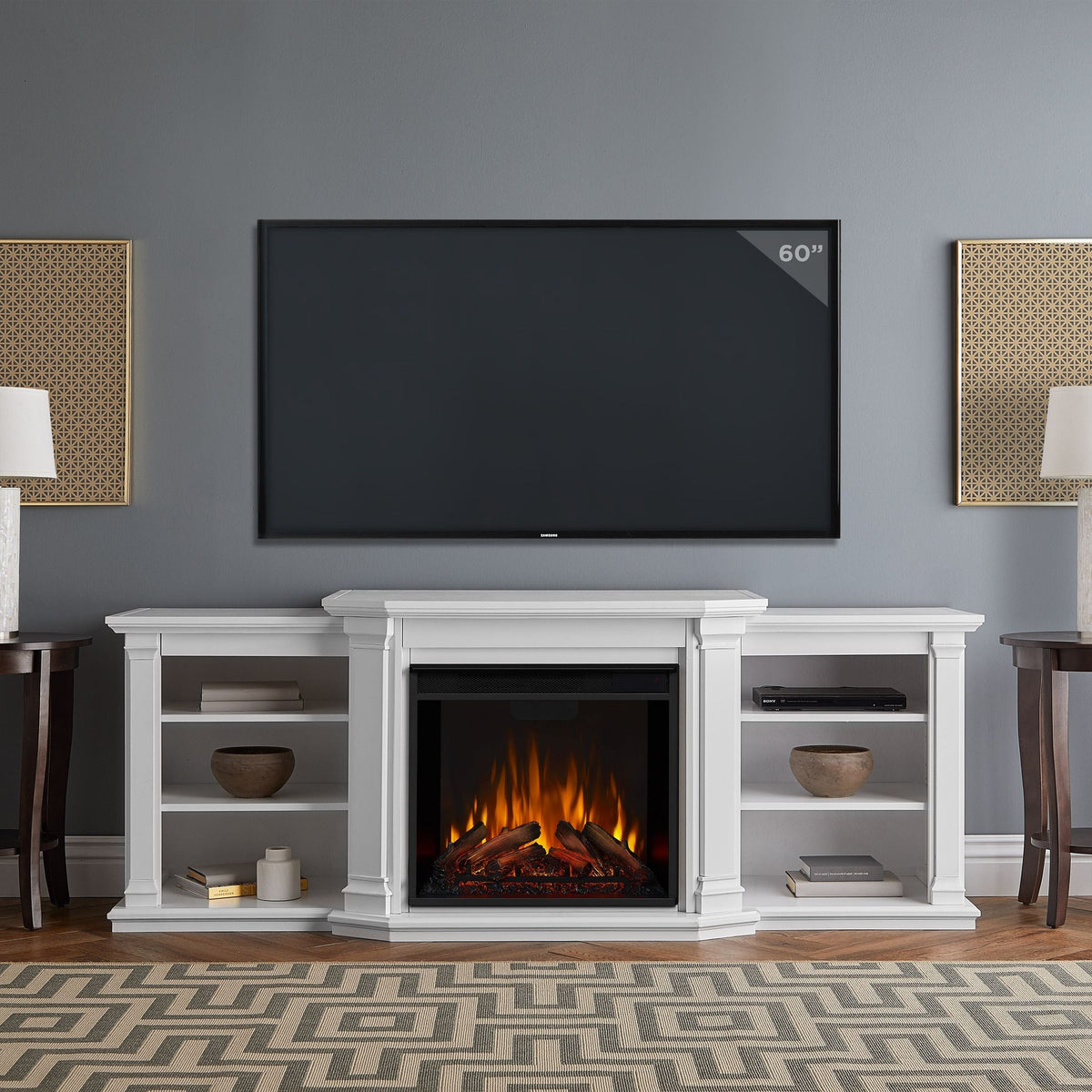 Valmont Media Indoor Electric Fireplace TV Stand, 74-in, 1500W, Includes Remote Control & Firebox, White