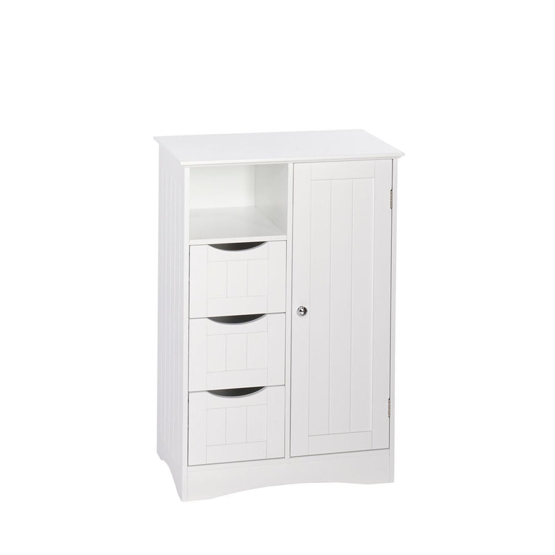 Home Ashland Single Door Bathroom & Laundry Storage Cabinet with 3 Drawers, Open Cubby & Adjustable Shelf, White T8598
