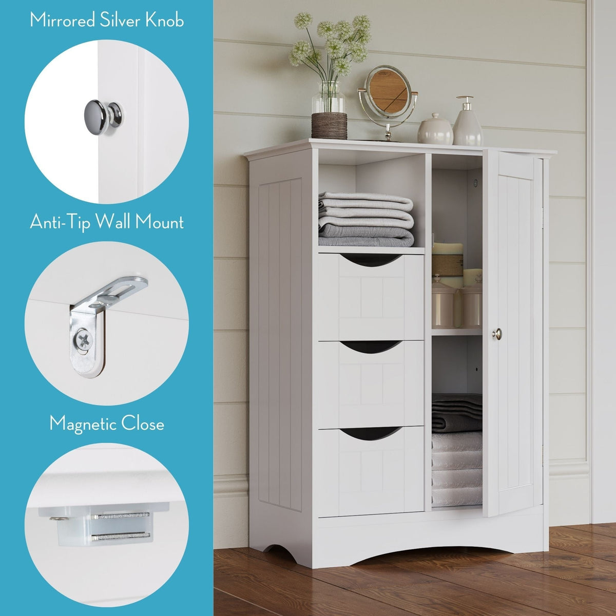 Home Ashland Single Door Bathroom & Laundry Storage Cabinet with 3 Drawers, Open Cubby & Adjustable Shelf, White