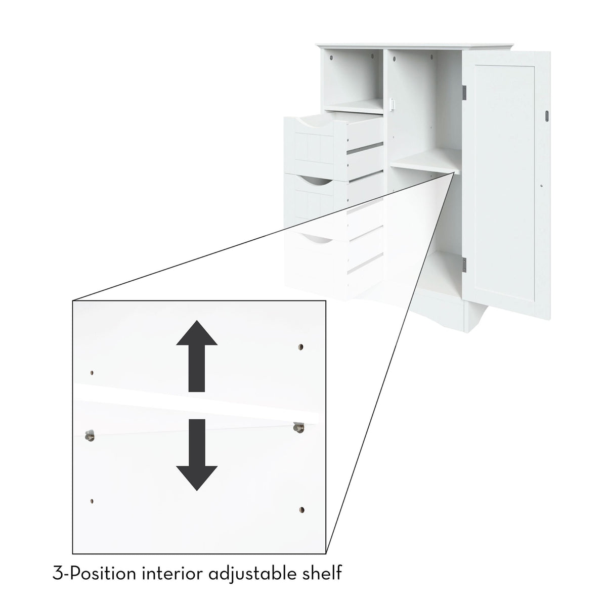 Home Ashland Single Door Bathroom & Laundry Storage Cabinet with 3 Drawers, Open Cubby & Adjustable Shelf, White