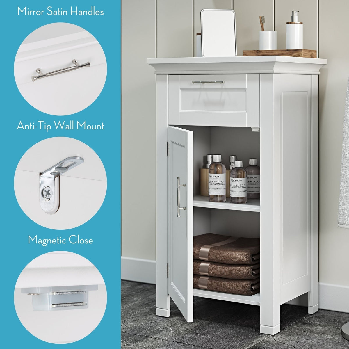 Home Somerset Single Door Bathroom & Laundry Storage Cabinet with Drawer & Adjustable Shelf, White