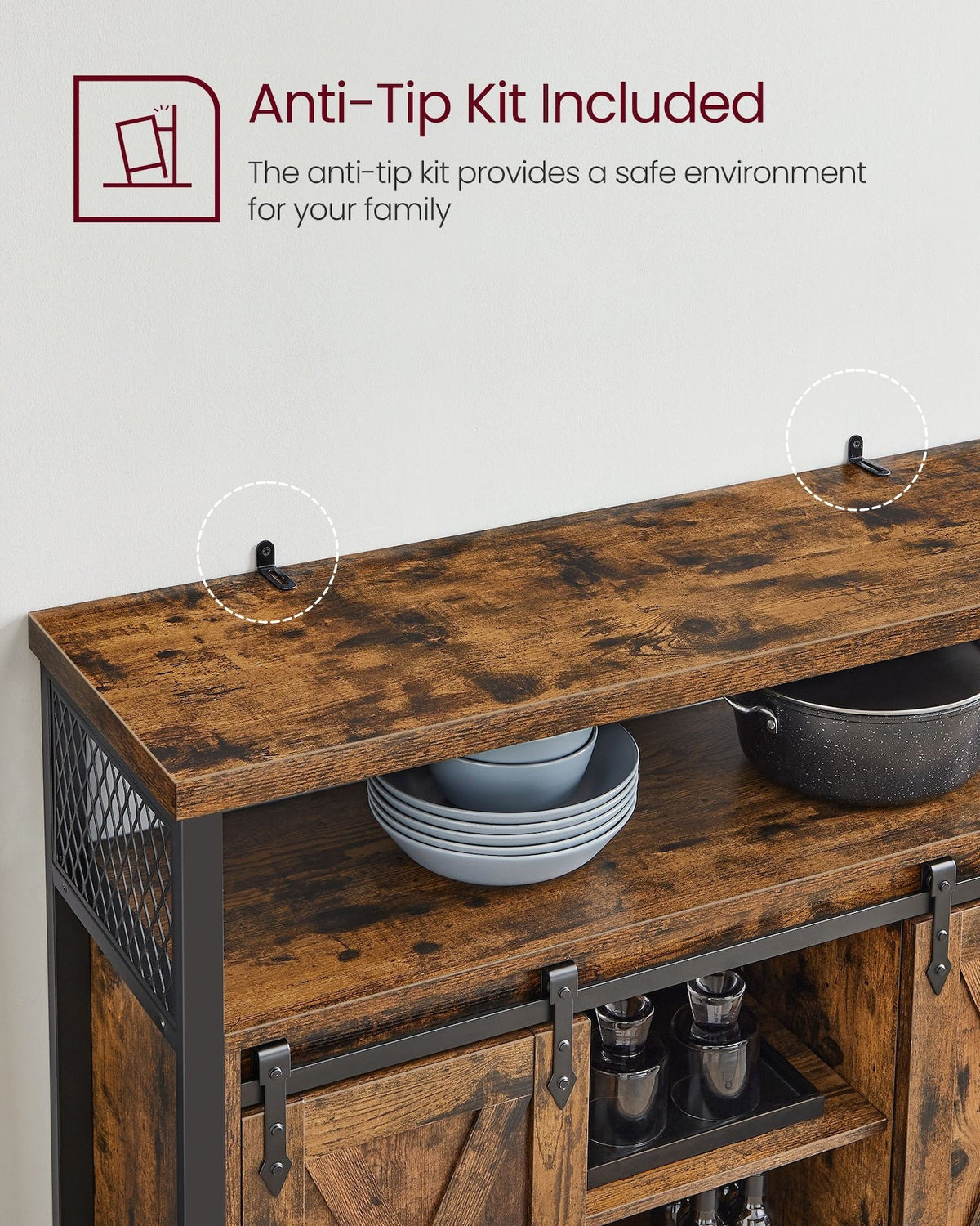 Home Brown Buff Sideboard Storage with Sliding Doors