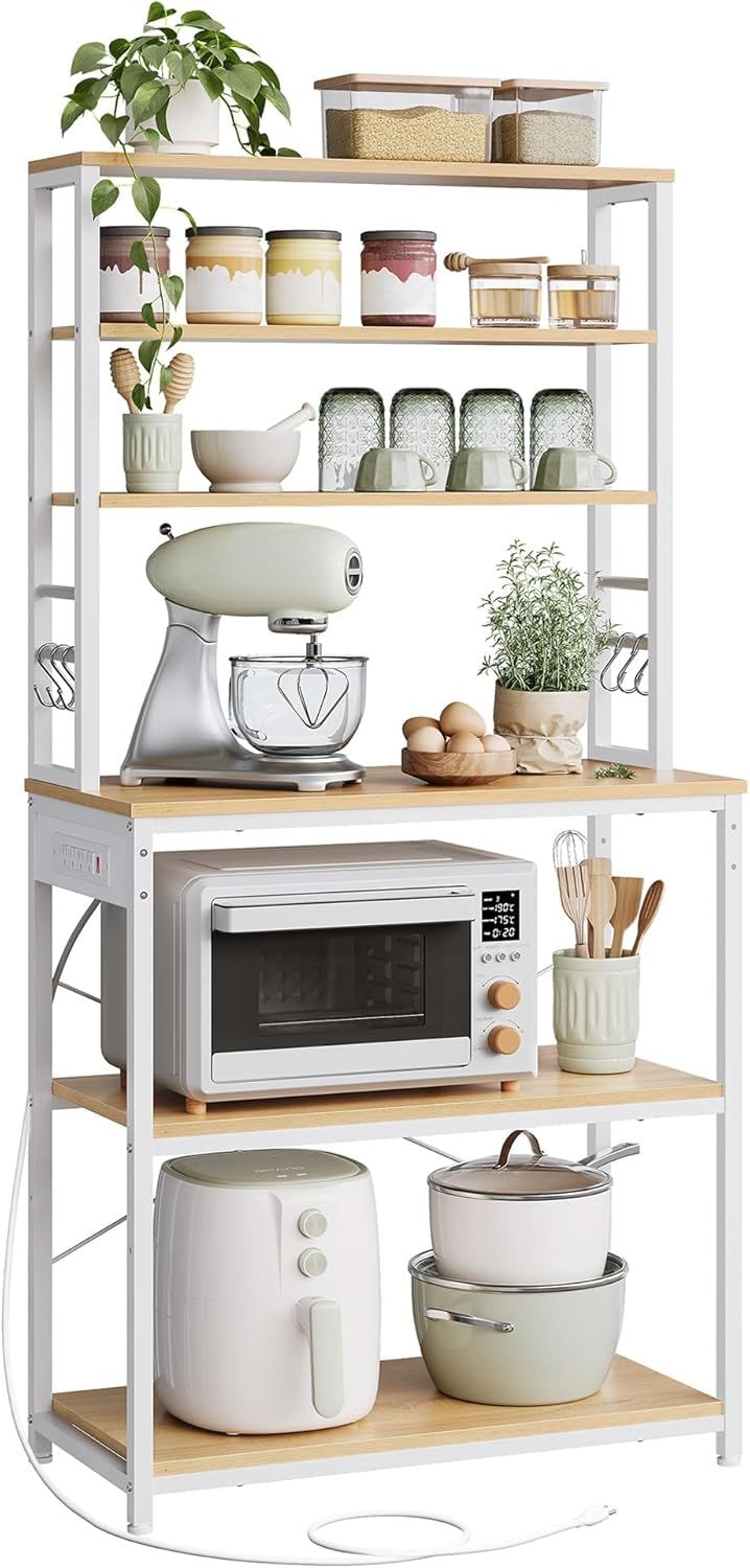 Home Oak/White Baker's Rack with 4 AC Outlets Z3366