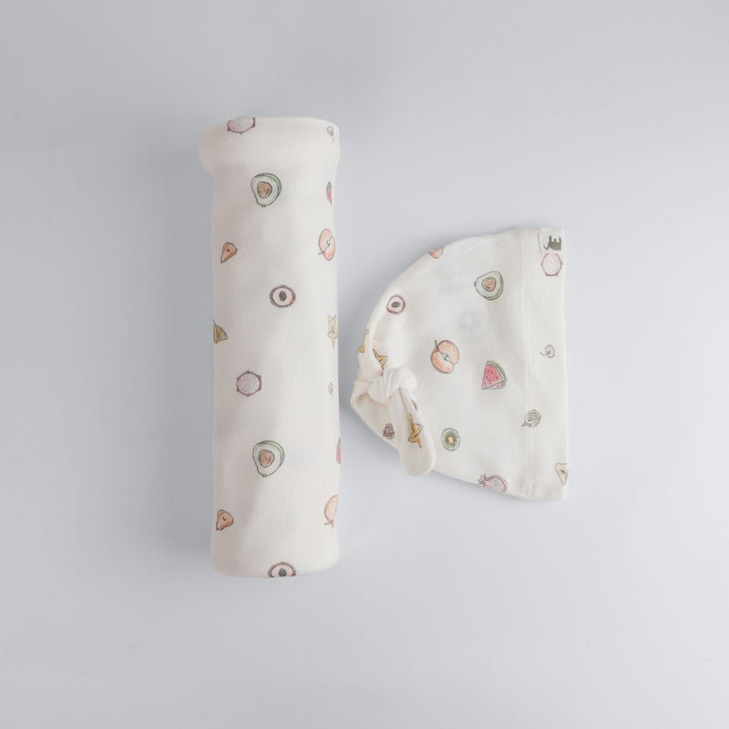 Fruit Print Premium Organic Cotton Blanket and Beanie Set N5603