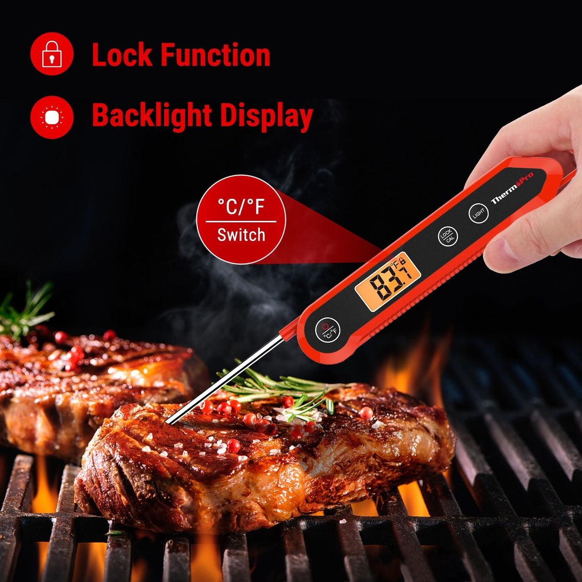 Waterproof Digital Instant-Read Folding Meat Thermometer with Swivel Probe, Black/Red