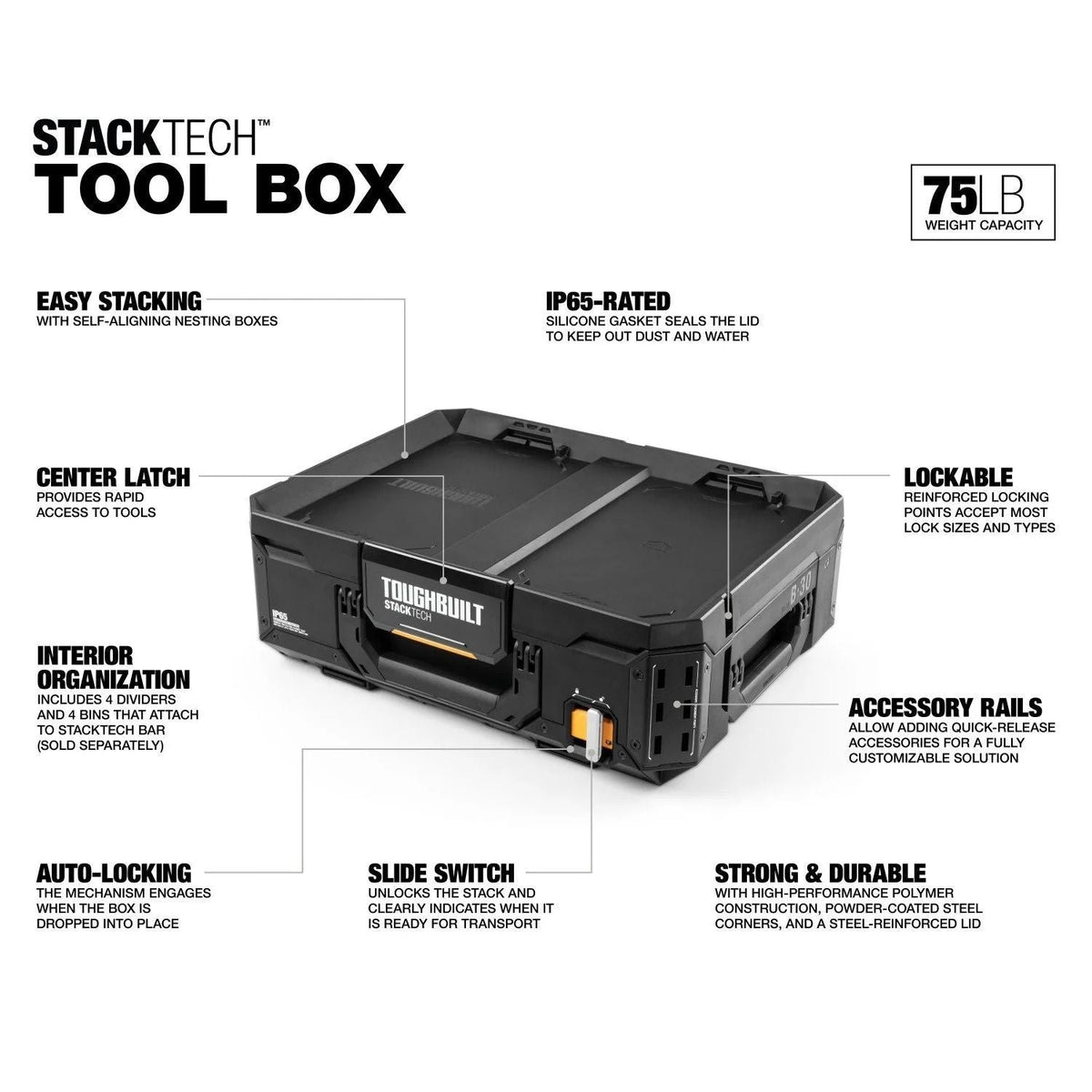 Top Portable Modular Plastic/Metal Tool Box with 4 Dividers and 4 Bins, IP65-Rated, Black