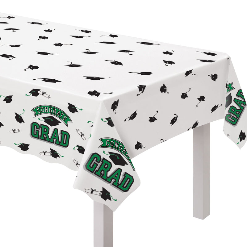 True to Your School "Congrats Grad" Rectangle Plastic Reusable Table Cover, Green, 54x84-in, for Graduation L2696
