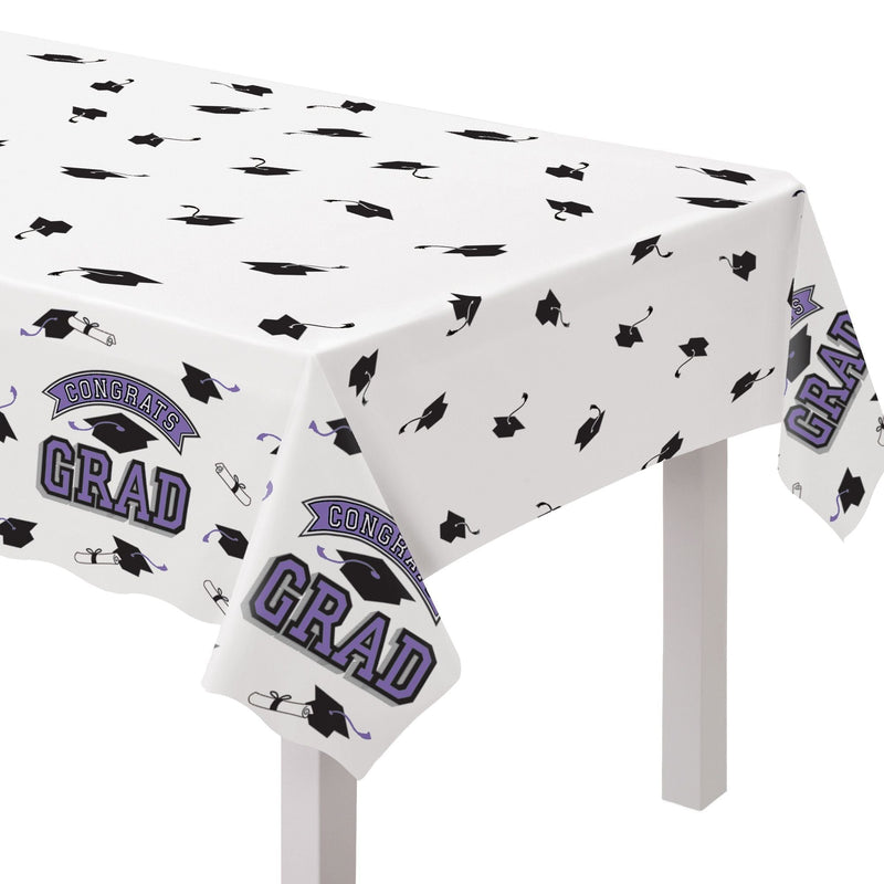True to Your School "Congrats Grad" Rectangle Plastic Reusable Table Cover, Purple, 54x84-in, for Graduation Z1116