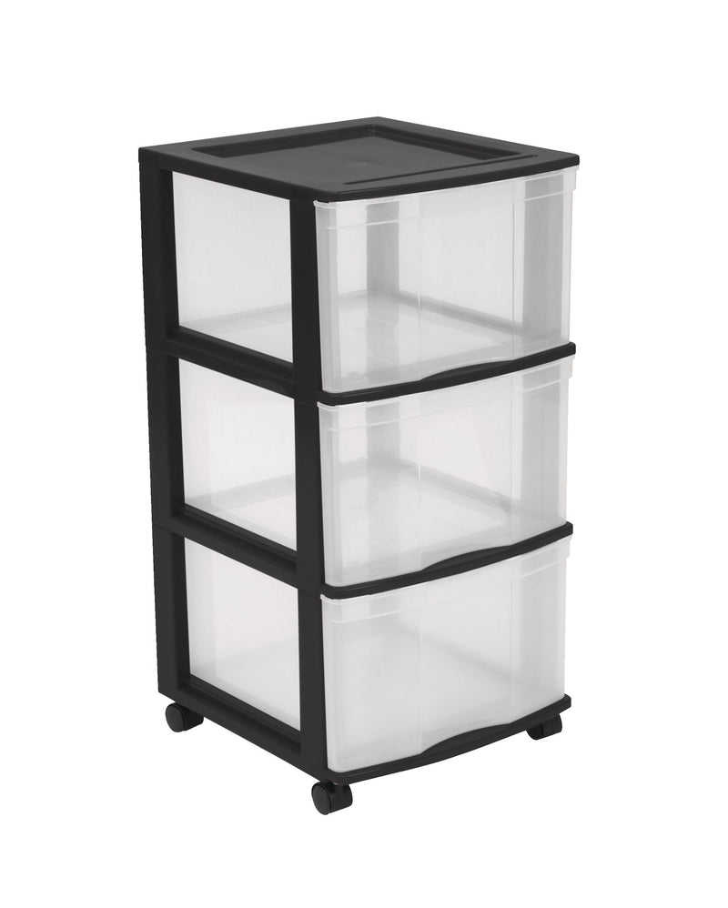 Clear Black Frame 3-Drawer Storage Tower/Cart with Wheels, 24-in L2137