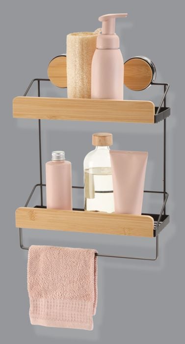 Wall Mounted 2-Tier Shower Rack, Black/Bamboo V6731