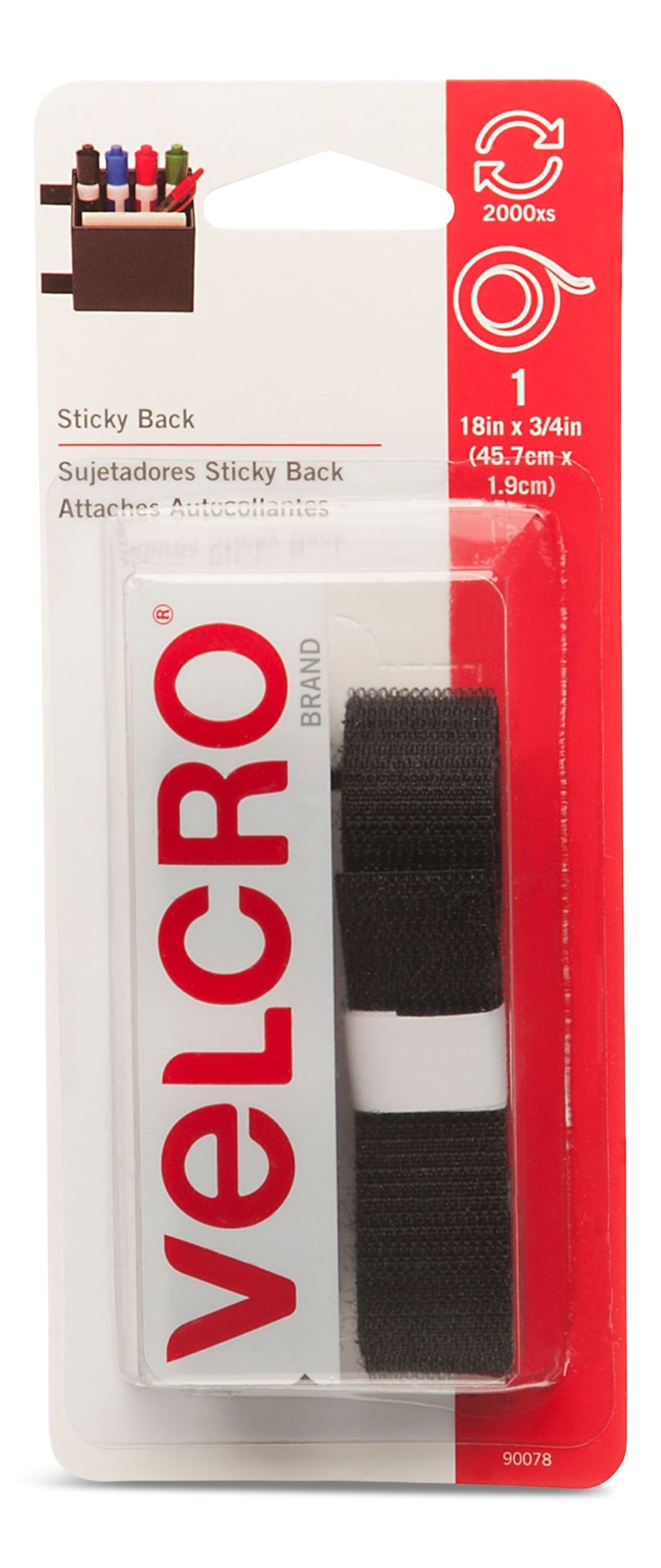 Hook-and-loop Adhesive General Purpose Sticky Back Tape, Black, 18 x 3/4-in, 1-pk