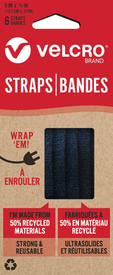 Hook-and-loop Adjustable Reusable Eco Pre-Cut Straps, Black, 5 x 0.3-in, 6-pk