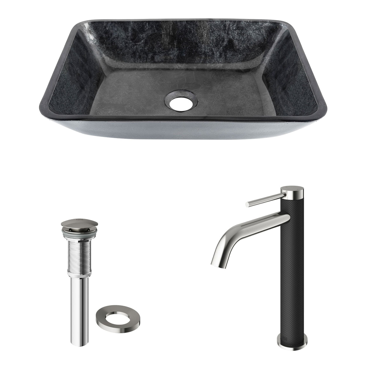 Glass Grey Onyx Bathroom Sink/Basin Set with Lexington Faucet and Rectangular Vessel
