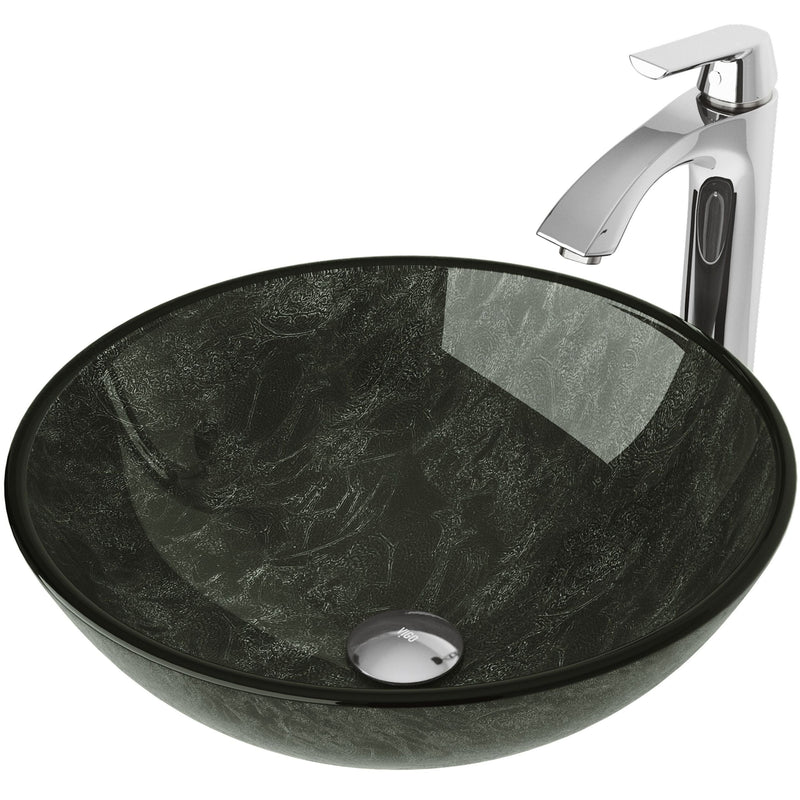 Glass Grey Onyx Bathroom Sink/Basin Set with Linus Faucet and Round Vessel B6561