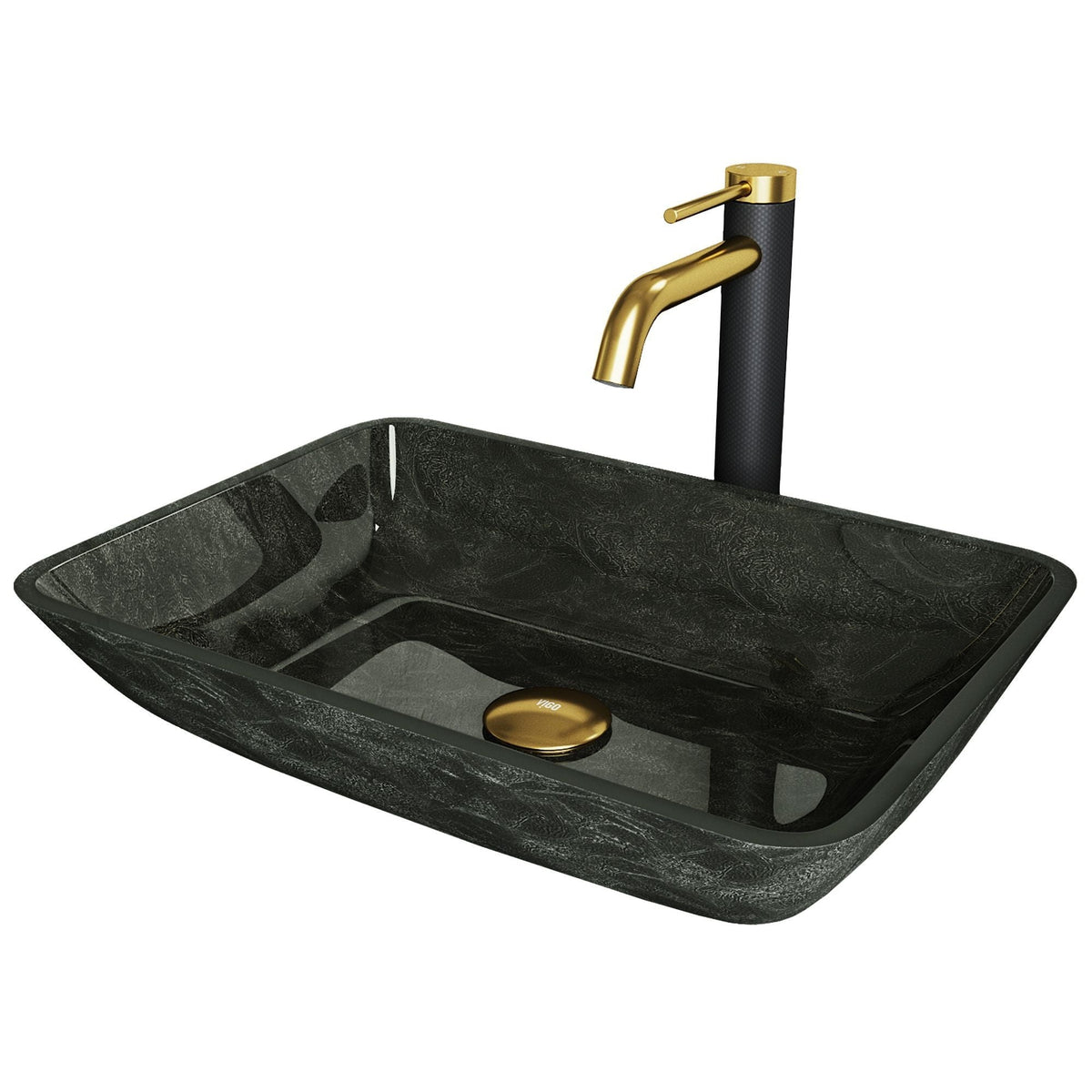 Glass Grey Onyx Bathroom Sink/Basin Set with Matte Gold Lexington Faucet and Rectangular Vessel