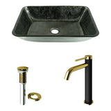 Glass Grey Onyx Bathroom Sink/Basin Set with Matte Gold Lexington Faucet and Rectangular Vessel